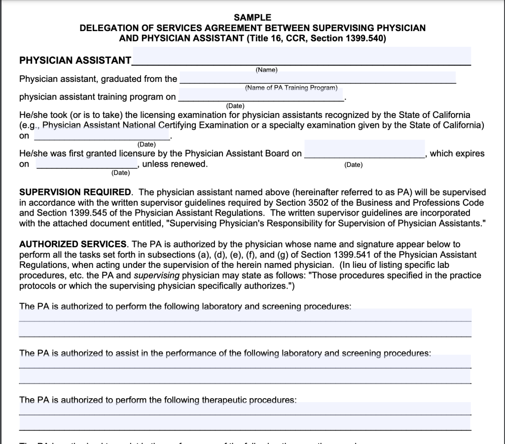 Screenshot of a Maryland delegation of services agreement between supervising physician and physician assistant. 